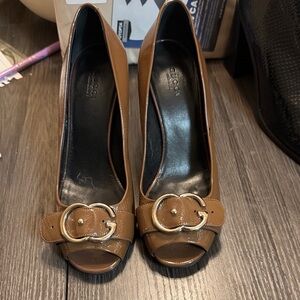 Gucci Tan Peep Toe Heels with Gold Buckle